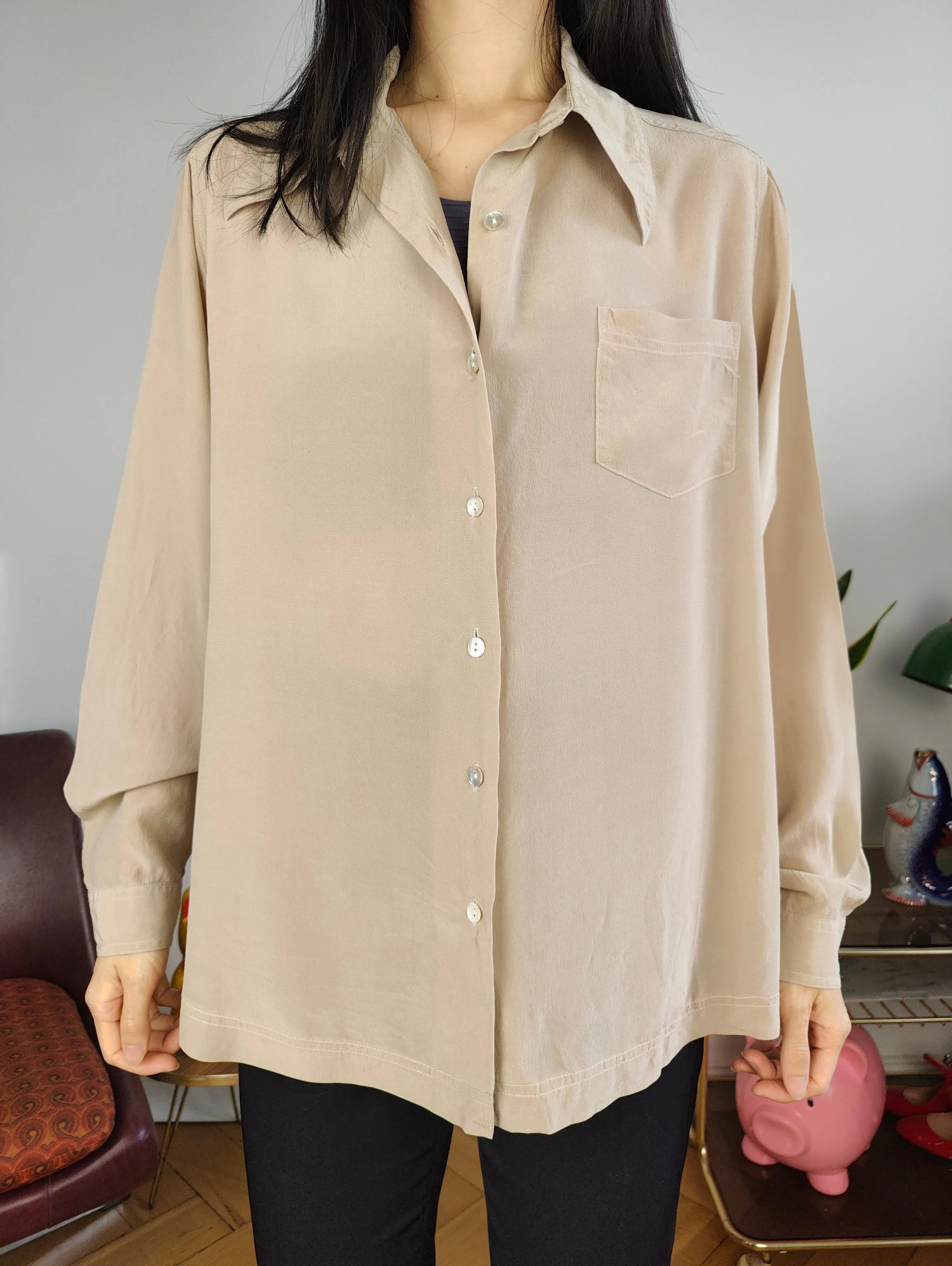 Vintage 100% silk blouse beige long sleeve button up plain shirt S