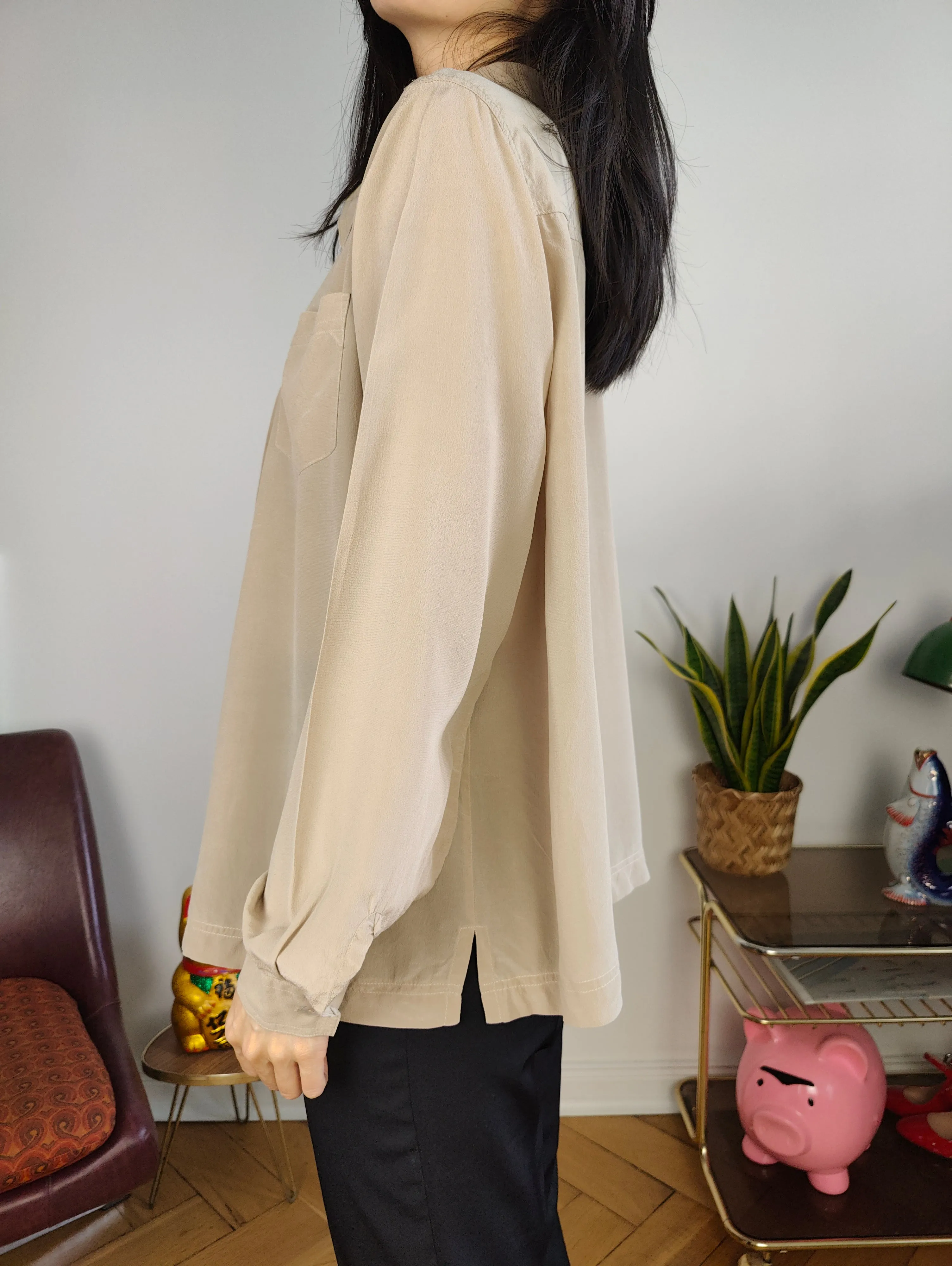 Vintage 100% silk blouse beige long sleeve button up plain shirt S