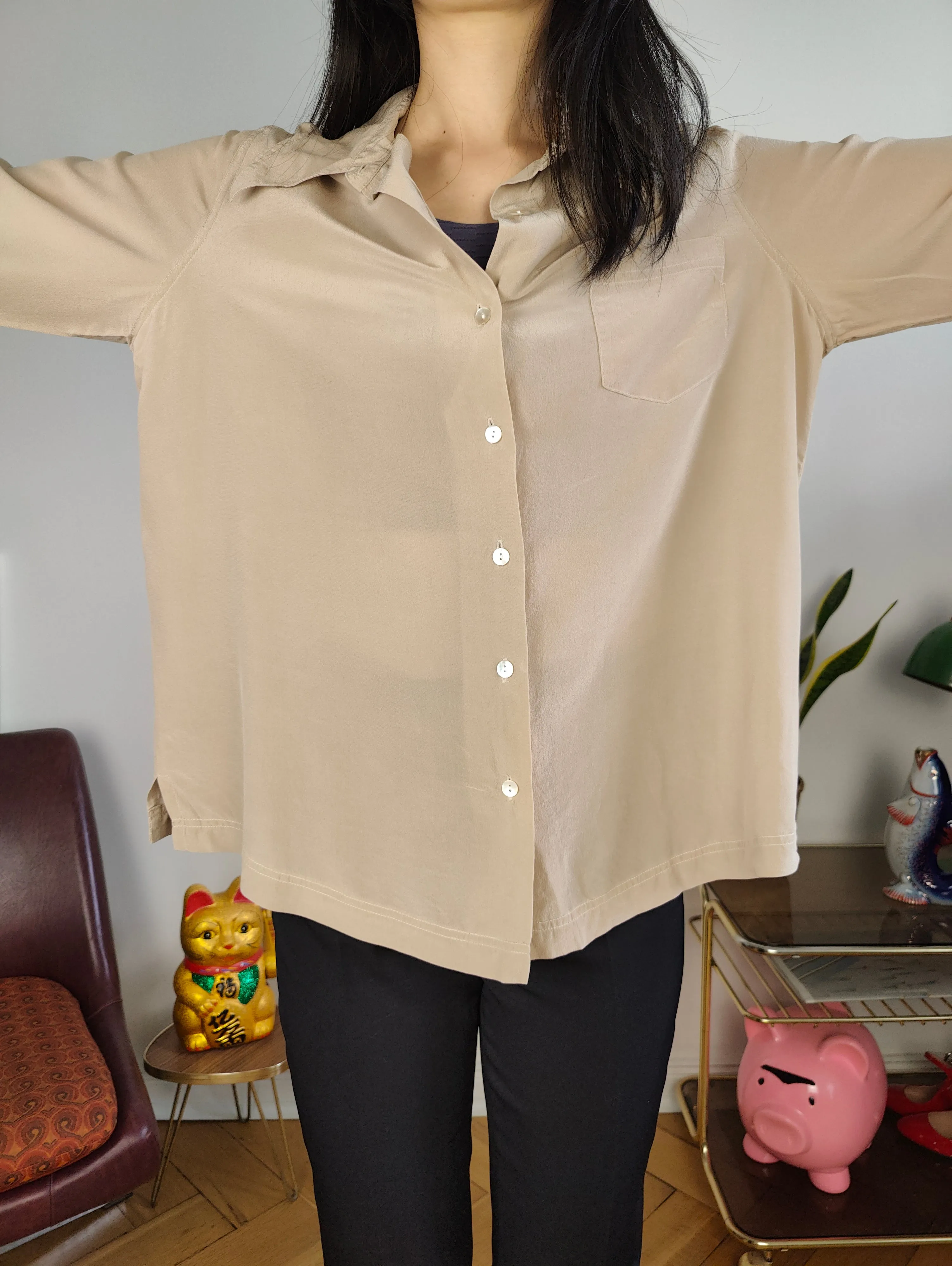 Vintage 100% silk blouse beige long sleeve button up plain shirt S