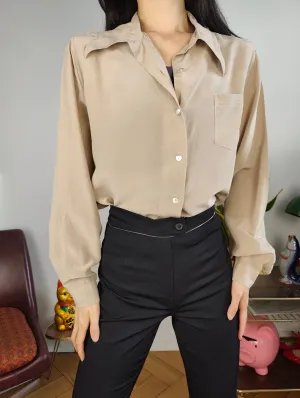 Vintage 100% silk blouse beige long sleeve button up plain shirt S