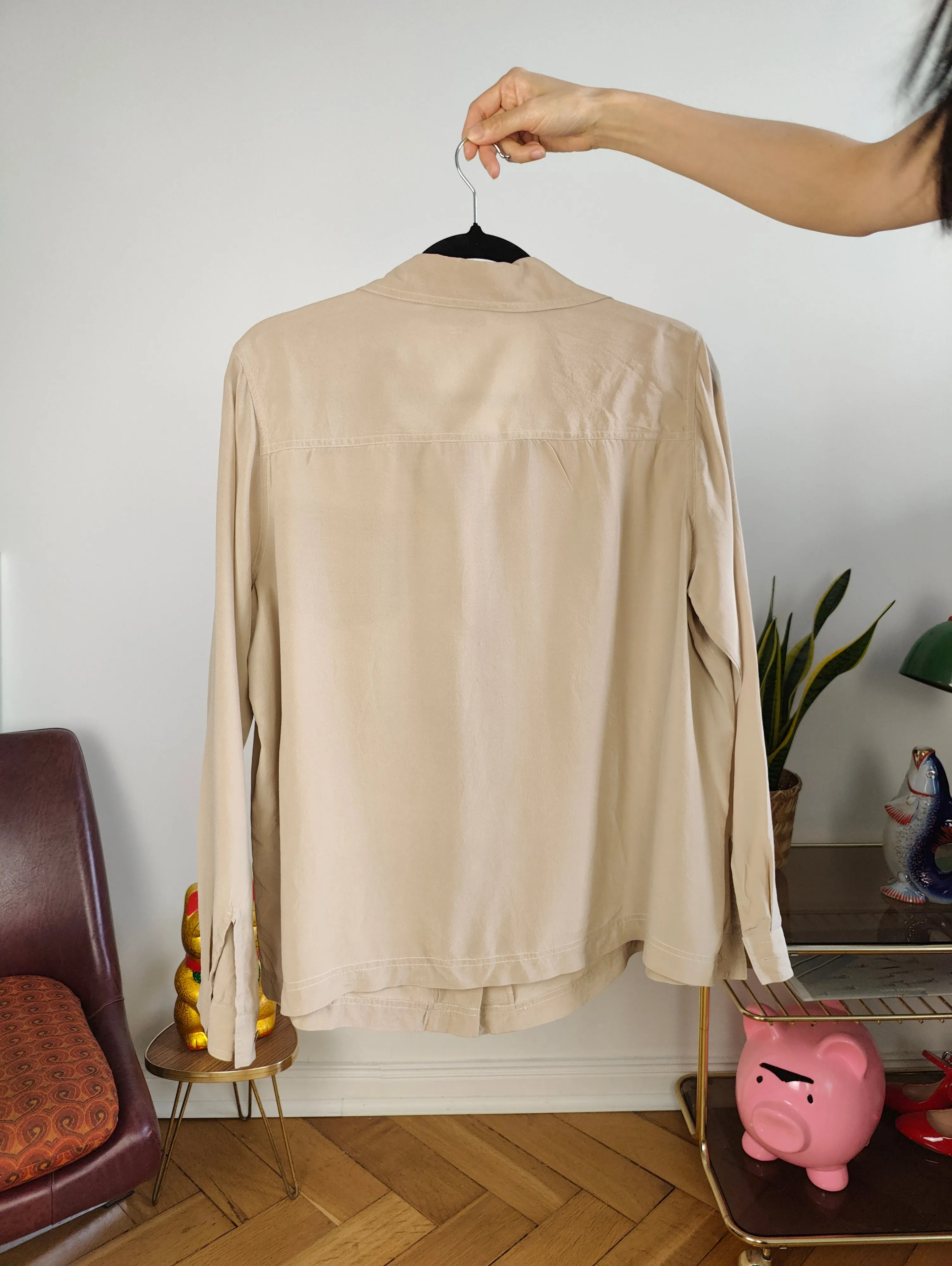 Vintage 100% silk blouse beige long sleeve button up plain shirt S
