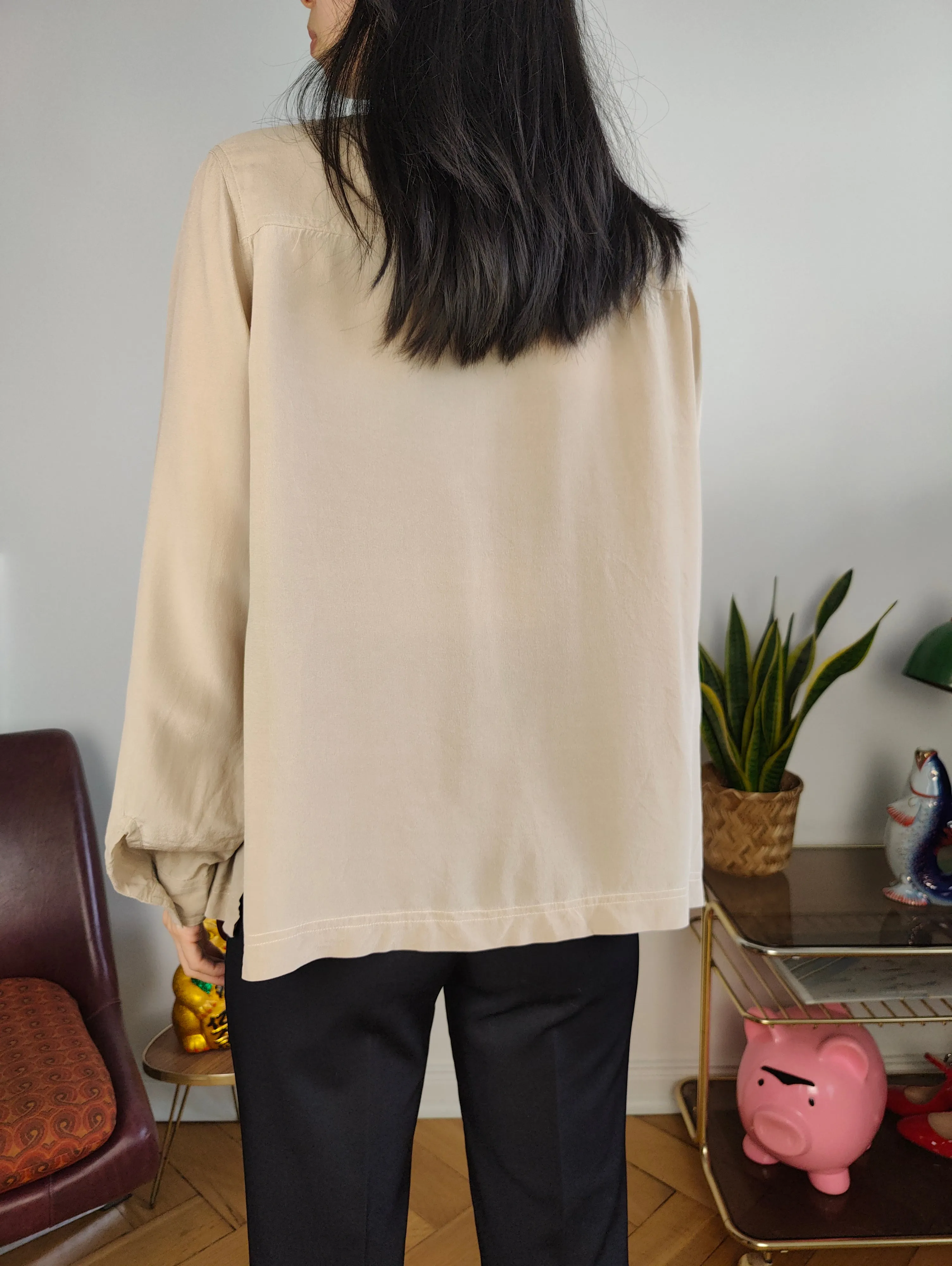 Vintage 100% silk blouse beige long sleeve button up plain shirt S