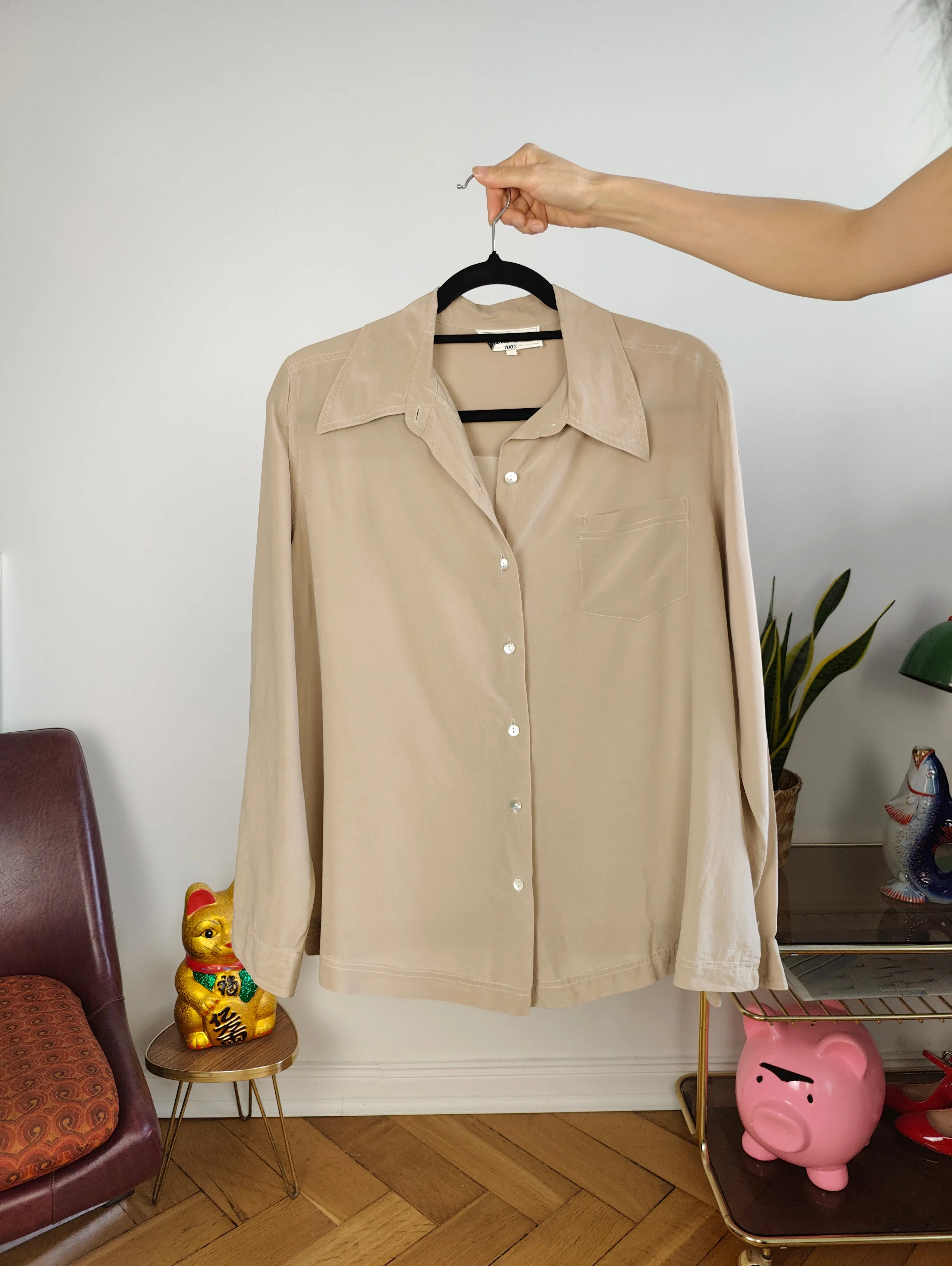 Vintage 100% silk blouse beige long sleeve button up plain shirt S