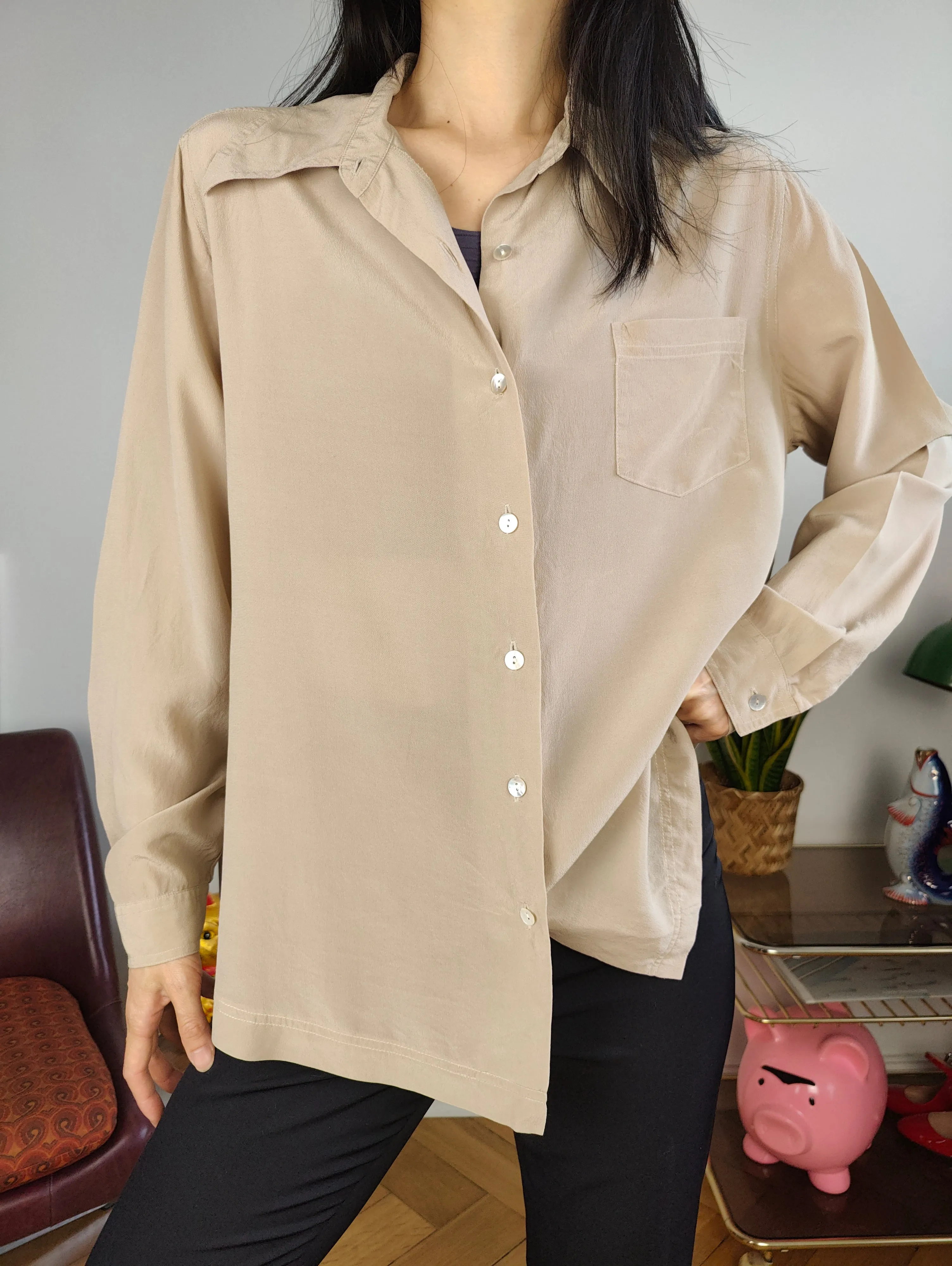 Vintage 100% silk blouse beige long sleeve button up plain shirt S