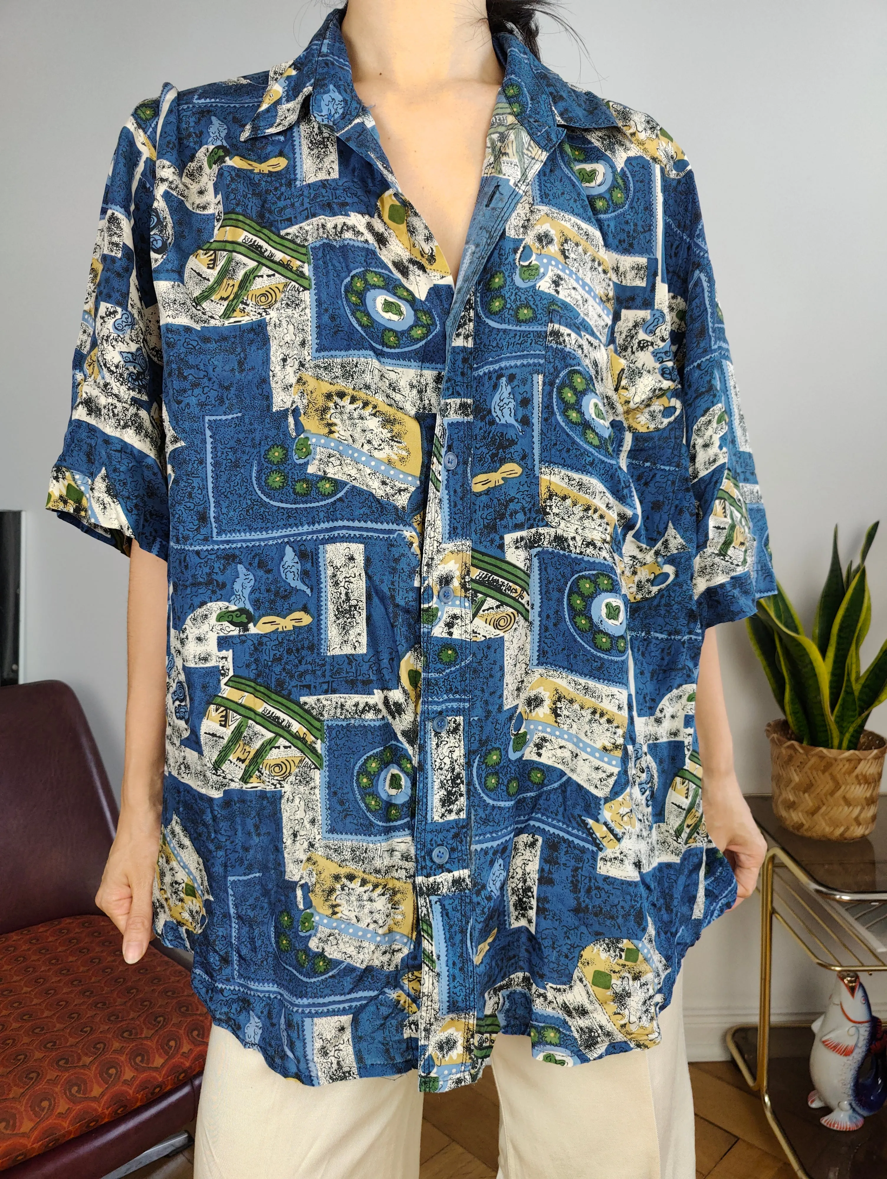 Vintage 100% silk shirt print crazy pattern blue women men unisex M