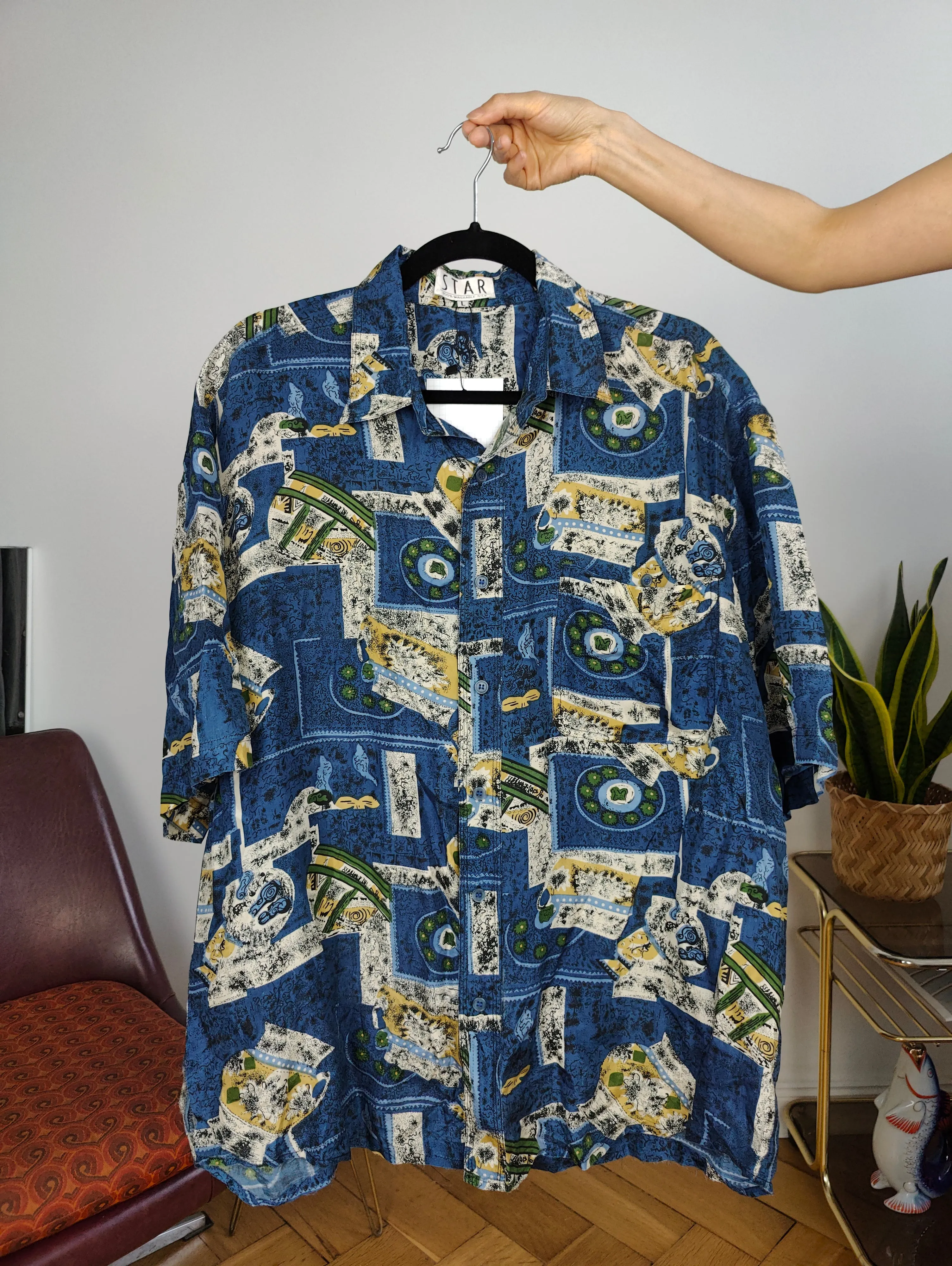 Vintage 100% silk shirt print crazy pattern blue women men unisex M