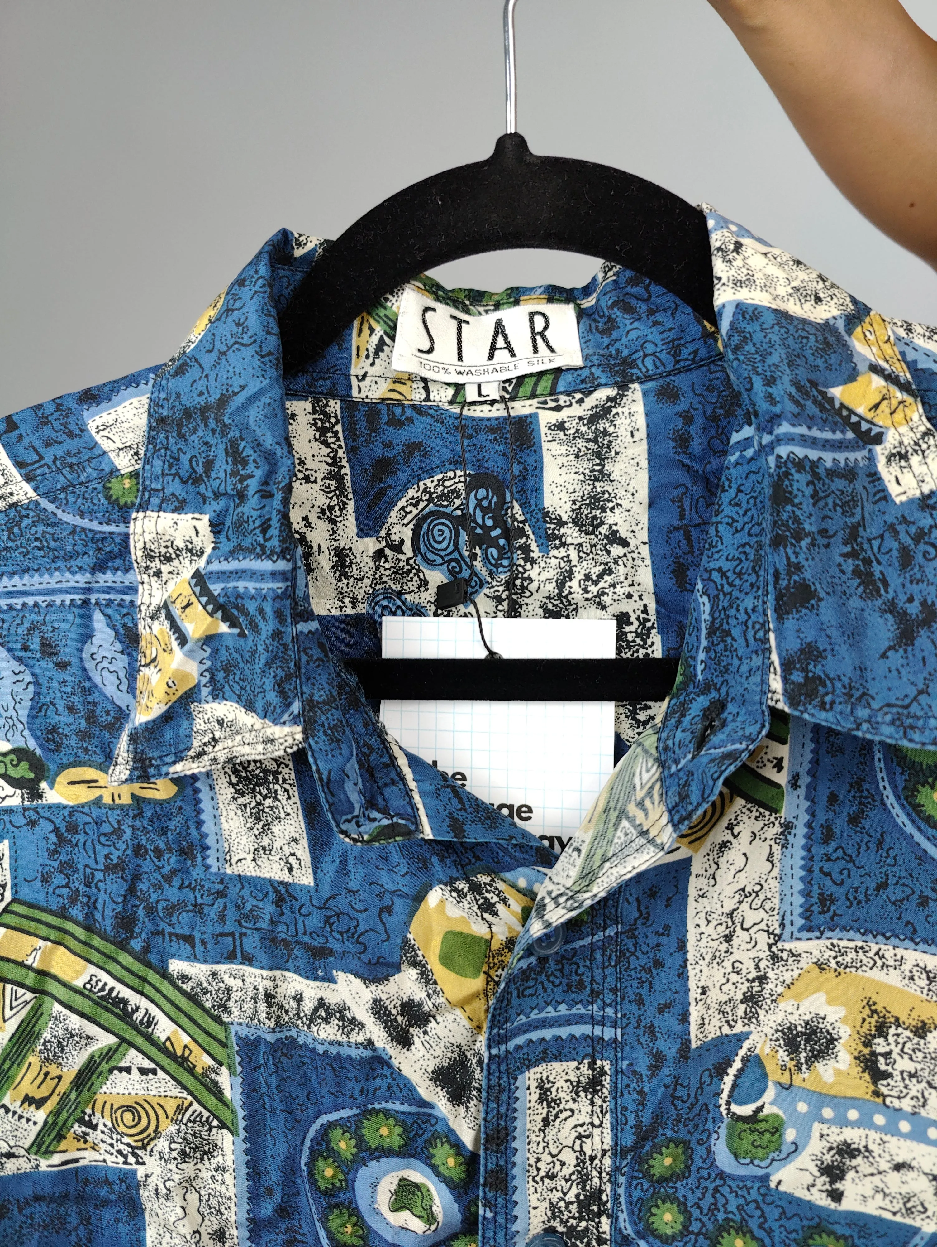 Vintage 100% silk shirt print crazy pattern blue women men unisex M