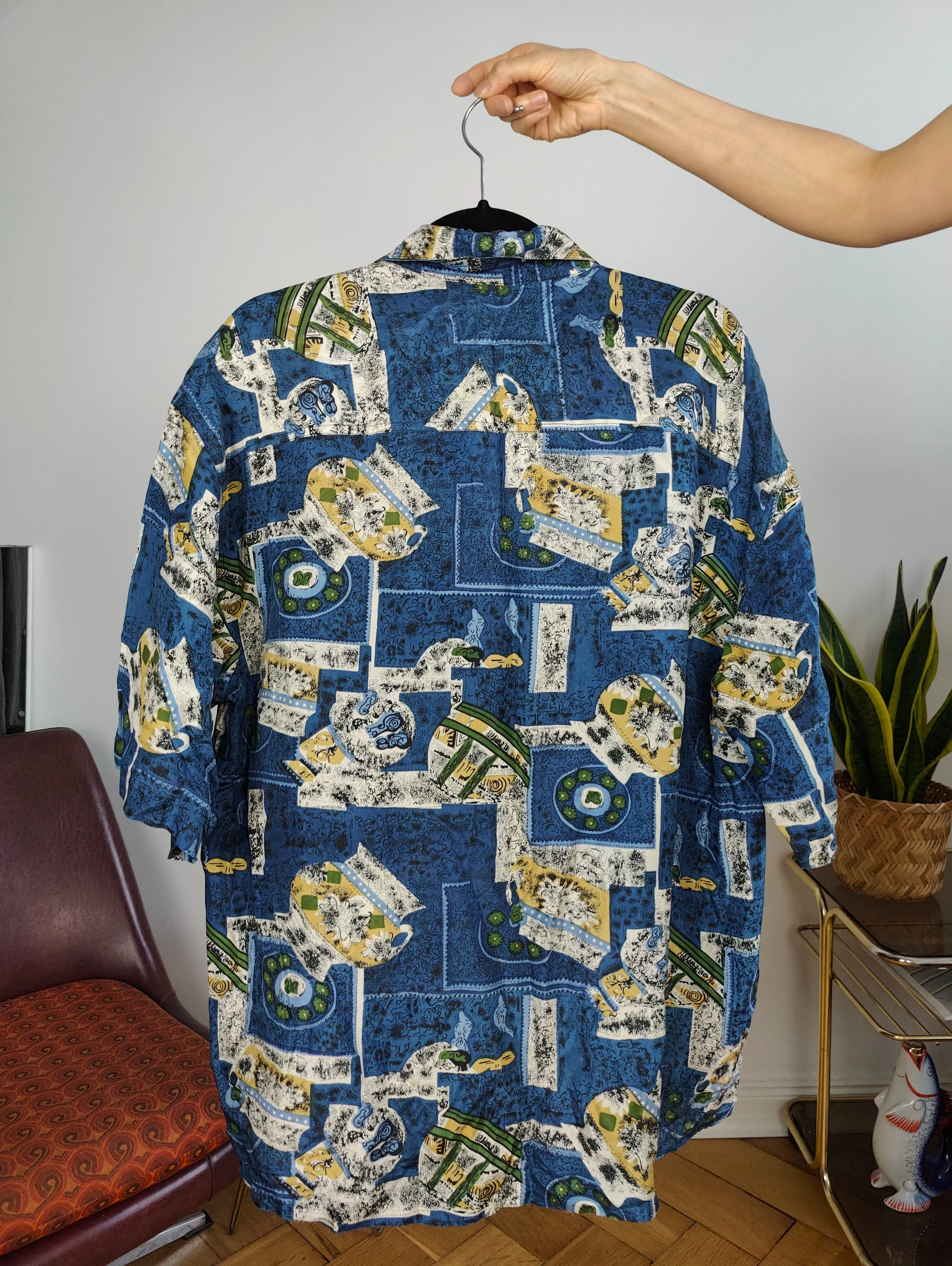 Vintage 100% silk shirt print crazy pattern blue women men unisex M