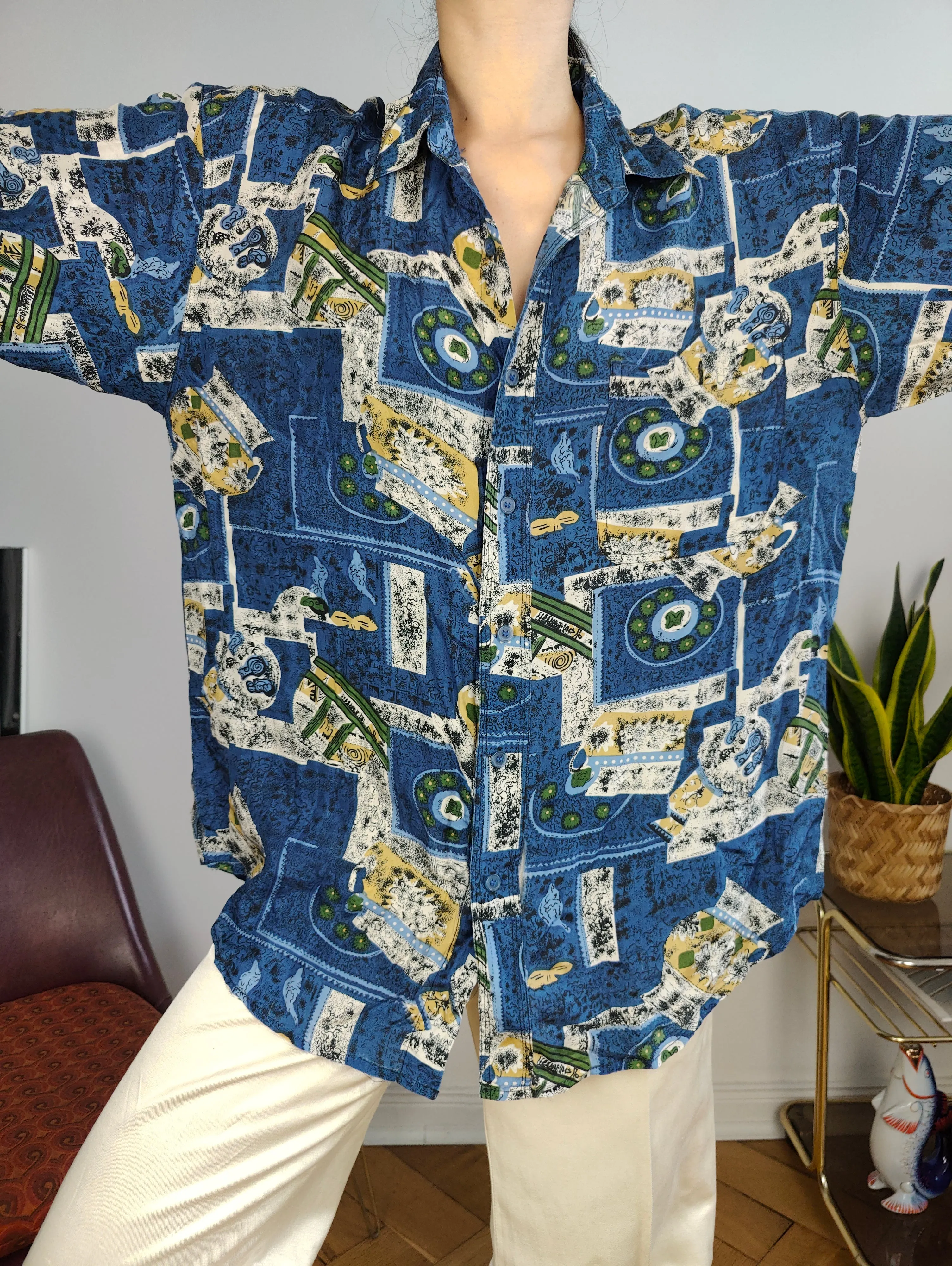 Vintage 100% silk shirt print crazy pattern blue women men unisex M