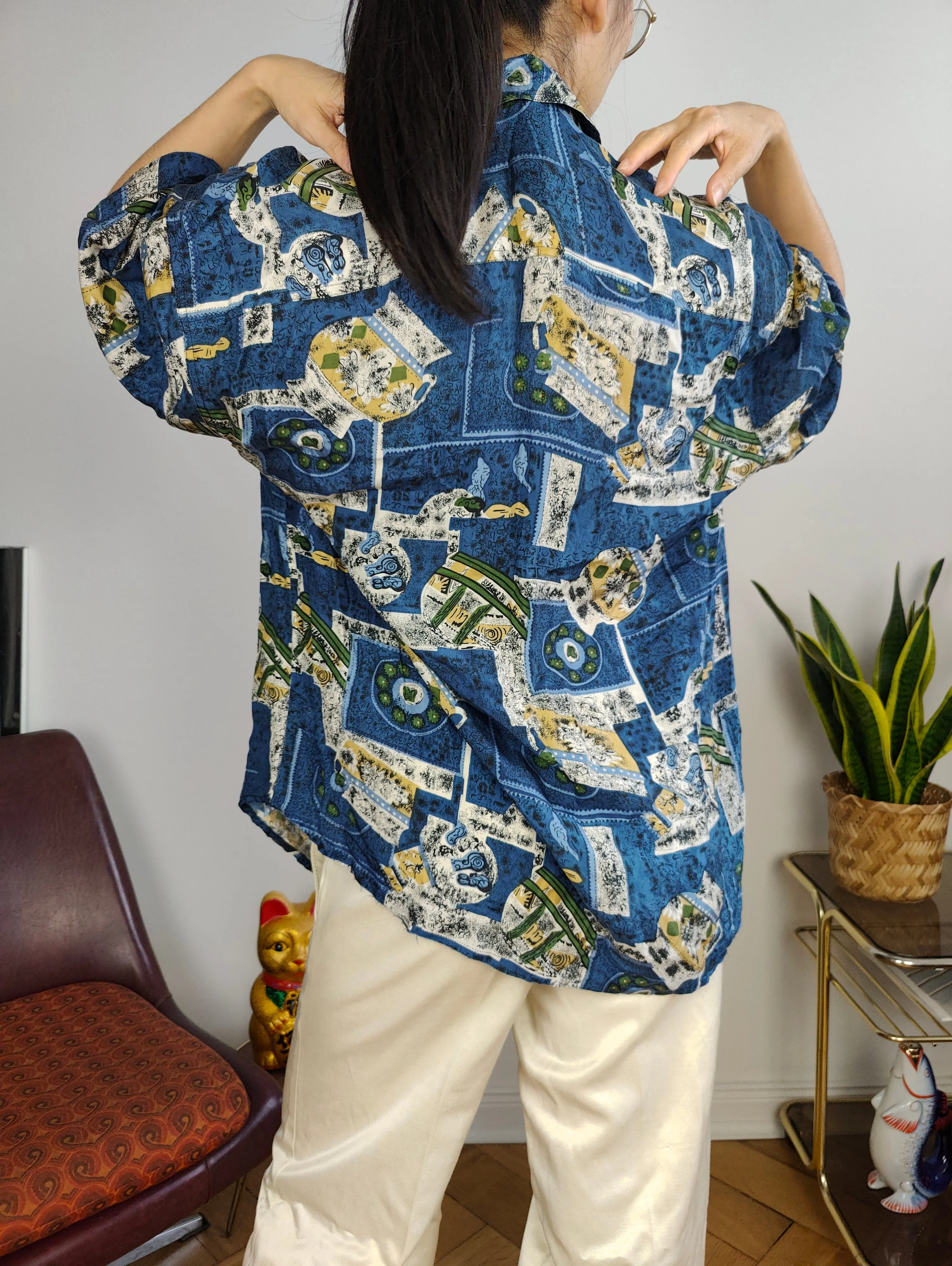 Vintage 100% silk shirt print crazy pattern blue women men unisex M
