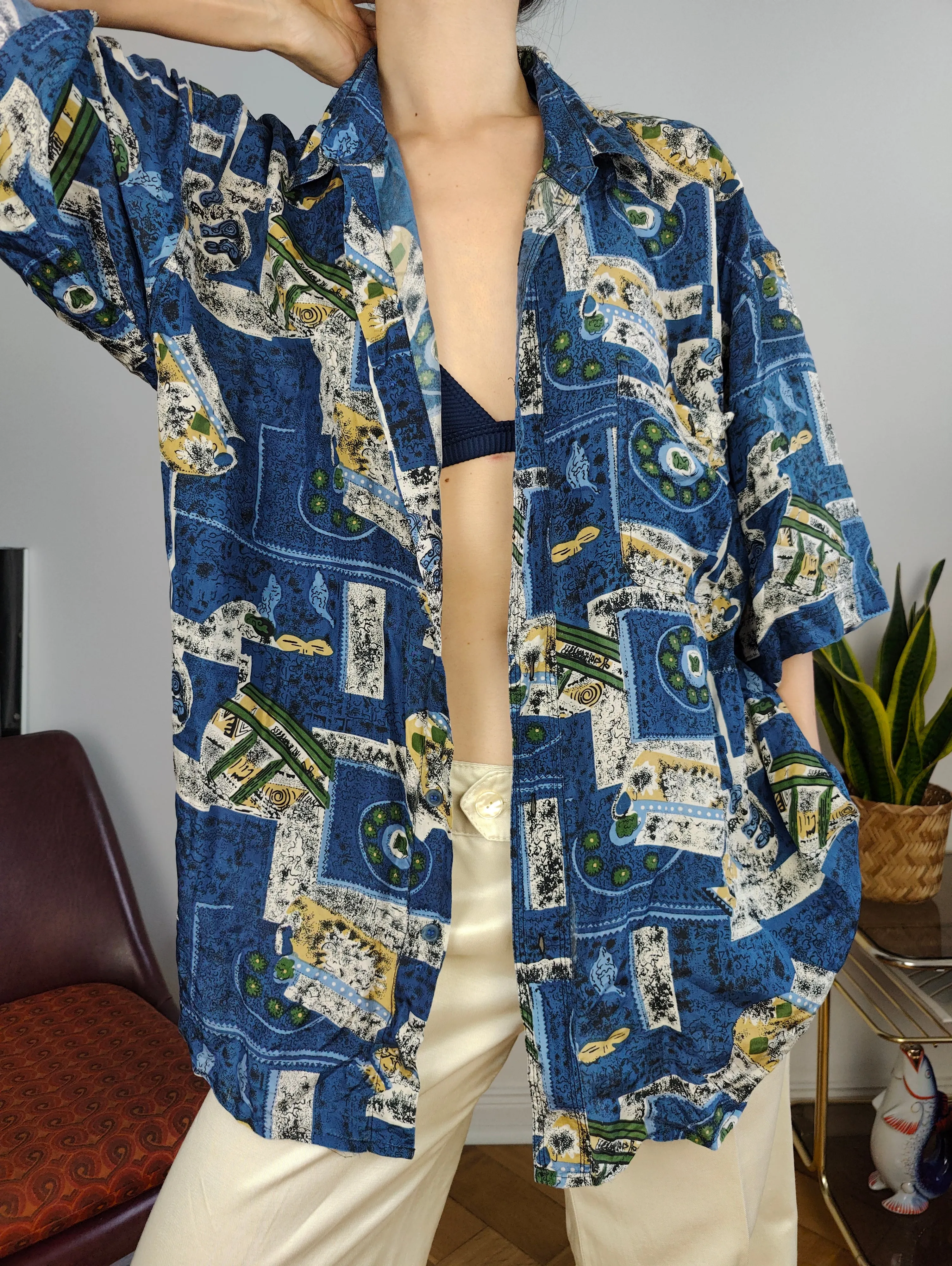 Vintage 100% silk shirt print crazy pattern blue women men unisex M