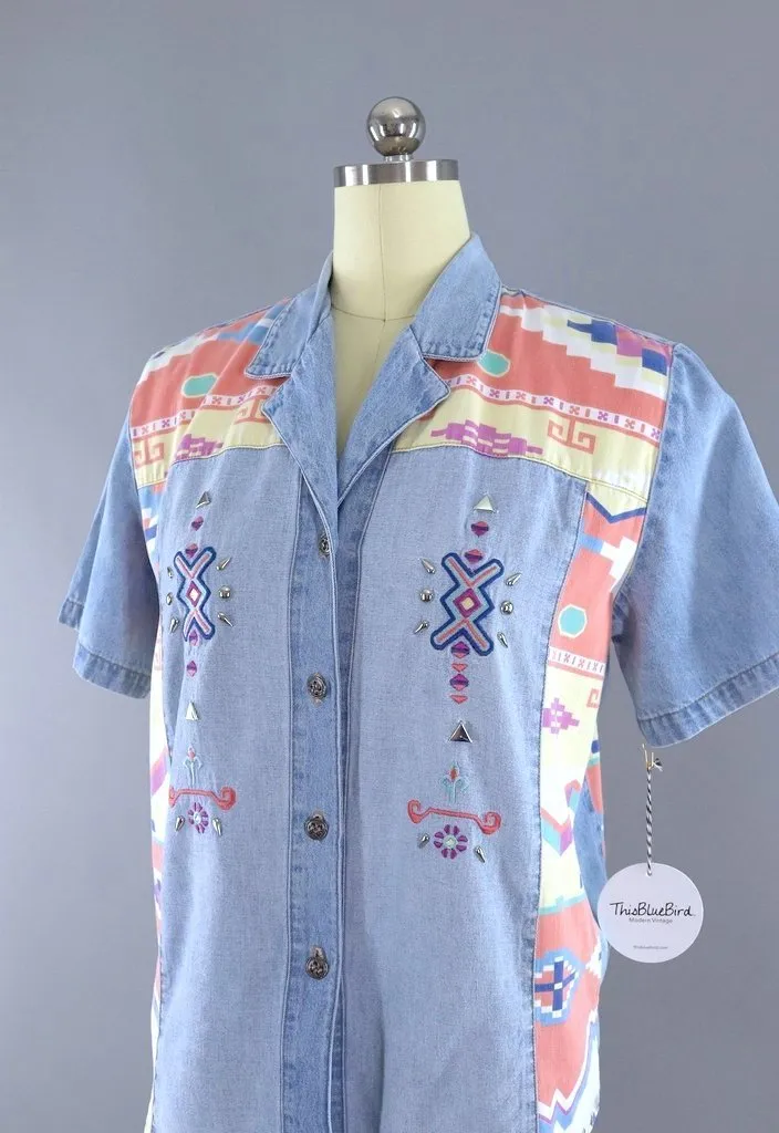 Vintage Southwestern Print Chambray Denim Shirt