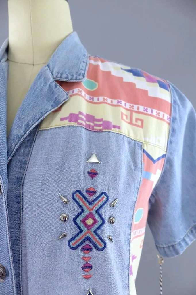 Vintage Southwestern Print Chambray Denim Shirt