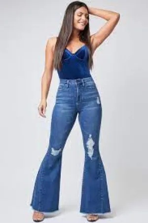 YMI MEDIUM-DARK DENIM HIGH-WAISTED DISTRESSED FLARE JEANS